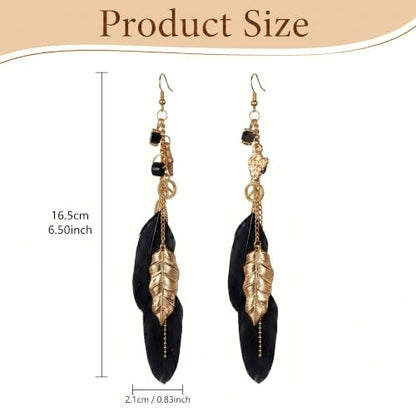 FRESHME Native American Earrings for Women - Ethnic Boho Feather Dangle Jewelry with Tessel for Birthday Party Photoshoot - color: Black