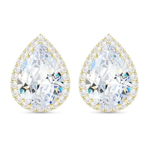 Linawe Women Stud Earrings, Teardrop Diamond Moissanite Cubic Zirconia Earrings Studs Rhinestone Jewelry Gold/Silver/Rose Gold - color: Gold,April