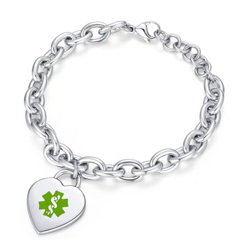 Custom Engraved Medical Alert ID Bracelet for Women | Heart Charm Medical ID Tag | Adjustable Curb Chain with Lobster Claw | Stainless Steel, Durable & Waterproof | Fits Wrists 8.5" (Silver) - style: Light Green