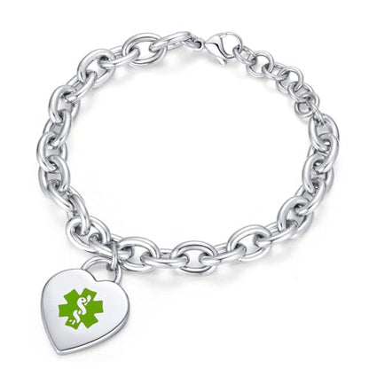 Custom Engraved Medical Alert ID Bracelet for Women | Heart Charm Medical ID Tag | Adjustable Curb Chain with Lobster Claw | Stainless Steel, Durable & Waterproof | Fits Wrists 8.5" (Silver) - style: Light Green