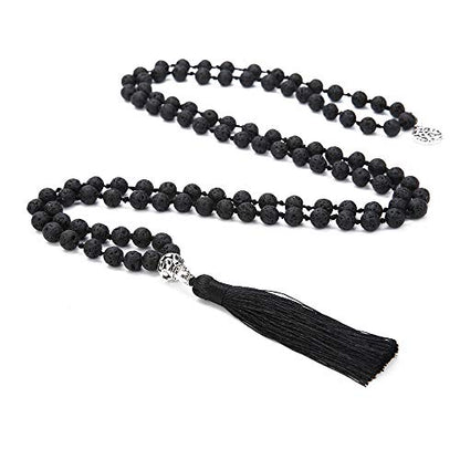 108 Mala Beads Necklace Semi-Precious Gem Stones Meditation Necklace 108 Hand Knotted Japa Mala Beaded Tassel Necklace with Tree of Life Pendant - color: Natural Lava Stone