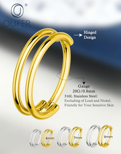 OUFER Nose Rings Hoops, 20G Double Rows Hoop Nose Ring For Women, 316L Surgical Steel Hinged Segment Cartialge Piercing, Inner Diameter 6/7/8MM Cartilage Rook Helix Lobe Tragus Earrings - color: Gold