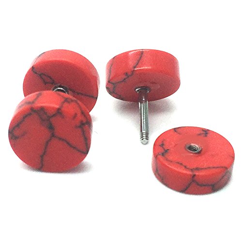 2pcs Marble Stud Earrings Men Women, Steel Cheater Fake Ear Plugs Gauges Illusion Tunnel - color: B-Red Color, size: Wide:8MM