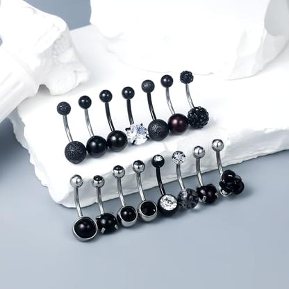 14G Dangle Belly Button Ring Piercing Jewelry 316L Stainless Surgical Steel Heart Flower CZ Reverse Navel Rings Dangling Belly Button Ring Piercing Jewelry for Women 14 Gauge Hypoallergenic - style: 15Pcs Black