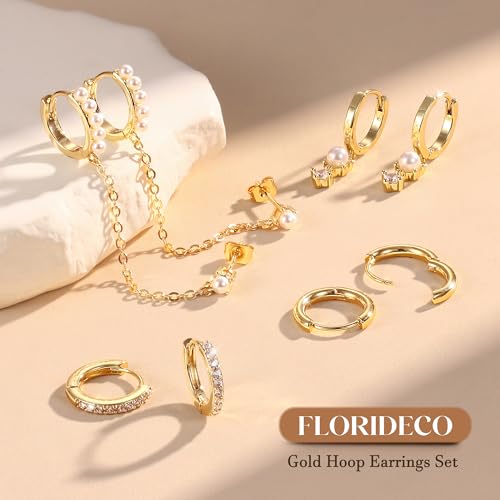 4 Pairs Small Hoop Earrings for Women 14K Gold Plated | Trendy Chain Drop Earrings Set, Hypoallergenic CZ Huggie Hoops, Lightweight Cartilage Earring Stacks - color: 14K Gold Plated-pearl hoop