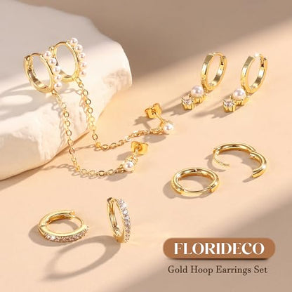 4 Pairs Small Hoop Earrings for Women 14K Gold Plated | Trendy Chain Drop Earrings Set, Hypoallergenic CZ Huggie Hoops, Lightweight Cartilage Earring Stacks - color: 14K Gold Plated-pearl hoop