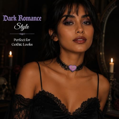 Halloween Gothic Choker Necklace for Women Black Lace Choker Purple Heart Pendant Adjustable Halloween Costume Jewelry Party Accessories - color: A: black lace