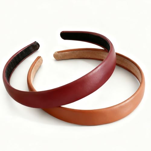 PU Leather Headbands for Women,2 Pcs Non-slip Fashion Wide Padded Hairband Fashion Hair Bands Cute Womens Headbands Holiday DIY Hair Accessories(Red+Brownish-yellow)