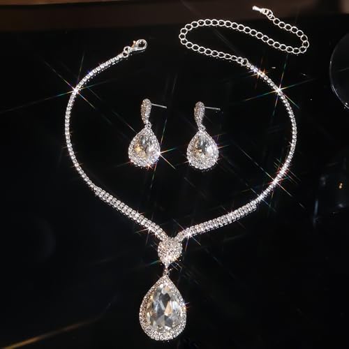 Fashion Red Black Colorful Bridal Teardrop Layered Crystal Necklace Earrings Set Sparkly Rhinestone Crystal Elegant Bridal Teardrop Shape Choker Earrings For Prom Costume Set Christmas Halloween Full Rhinestone Choker Necklace Earrings for Women - color: