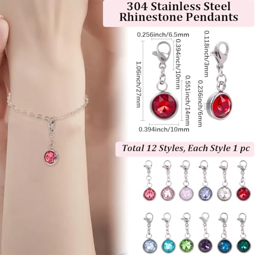 Beebeecraft 12Pcs 12 Colors Clip On Birthstone Charms 304 Stainless Steel Rhinestone Lobster Clasp Charms for Jewelry Necklace Bracelet Making