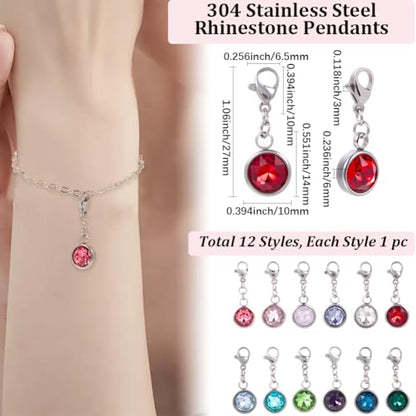 Beebeecraft 12Pcs 12 Colors Clip On Birthstone Charms 304 Stainless Steel Rhinestone Lobster Clasp Charms for Jewelry Necklace Bracelet Making