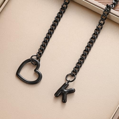 sroyte Black Heart Slip Chain Initial Necklaces for Women,Stainless Steel O-Ring Adjustable Lariat Heart Y-Necklace,Punk Gothic Cuban Collar Choker Necklace for women - color: Black K
