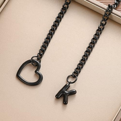 sroyte Black Heart Slip Chain Initial Necklaces for Women,Stainless Steel O-Ring Adjustable Lariat Heart Y-Necklace,Punk Gothic Cuban Collar Choker Necklace for women - color: Black K