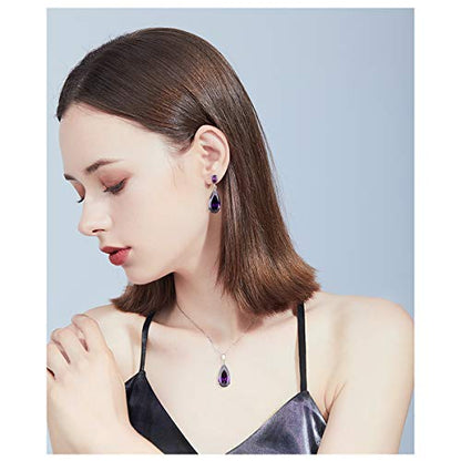 Wedding Jewelry Set for Bridesmaids - Sterling Silver Teardrop CZ Crystal Cubic Zirconia Rhinestone Diamond Bridal Necklace Earrings Set for Bride Mother of Bride Party Prom Birthstone Costume Jewelry - color: Feb-Amethyst
