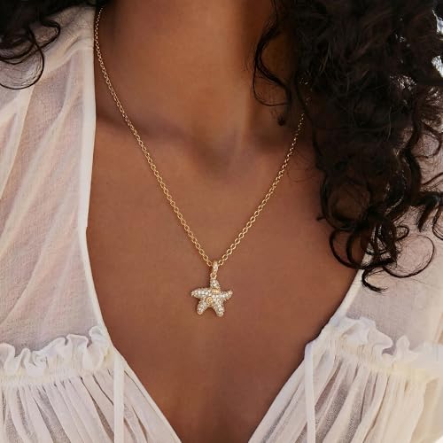 MTMY Gold Starfish Necklace 14K Gold Plated Shell Conch Ocean Pendant Necklace for Women Beach Summer Jewelry - style: cz wave starfish