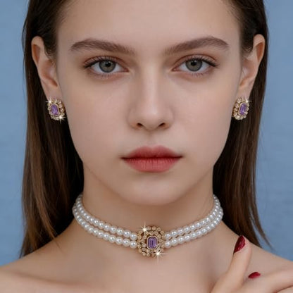 Classic Double Strand Faux Pearl Choker Necklace and Earrings Set with Crystal Accent, Elegant Jewelry for Special Occasions and Everyday Wear - color: purple