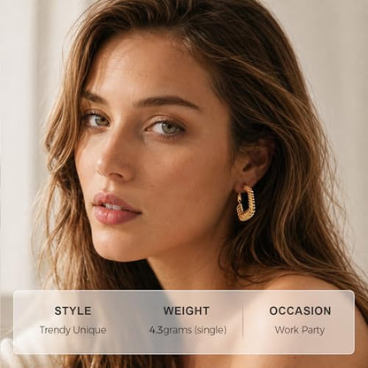 Small Hoop Earrings for Women Wide Half Huggie Hoops Chunky Hoop Earrings 18K Real Gold Plated 925 Sterling Silver Hammered Hypoallergenic Lightweight - color: QIHP-07-GoldSquare