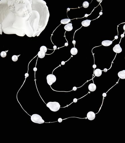 Errally Long Pearl Necklace and Earring Set Layered Pearl Beaded Necklaces for Women White Costume Jewelry Sets Gifts for Mom - color: Pear Shaped