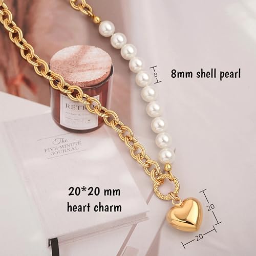 18k Gold Plated Chain Link Necklace for Women, Baroque Pearl/Compass Pendant Necklace - color: Half Pearl