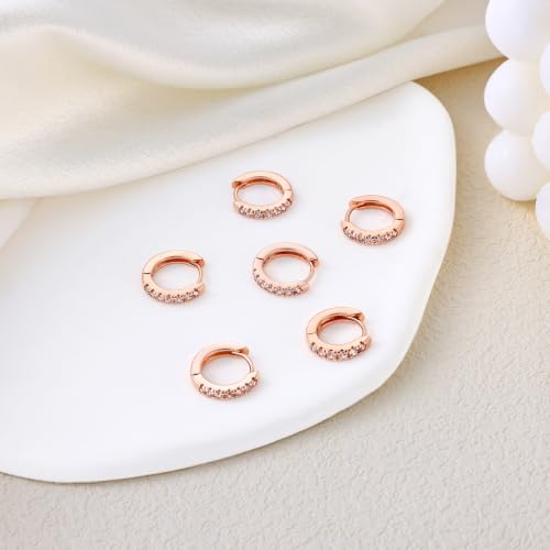 micuco 3 Pairs Small Hoop Earrings Tiny Cartilage Earrings for Women Men | Cubic Zirconia Earrings Huggie Hoop Ear Piercing Earrings for 8mm 10mm 12mm - color: 10# Rose Gold 8-8-8mm