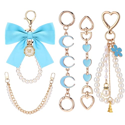 Sureio 5 Pcs Bag Extender Chain Pearl Purse Chain Ribbon Bow Keychain Extender Bag Strap Purse Charms Accessories for Handbag - color: Blue and Gold