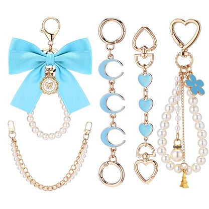 Sureio 5 Pcs Bag Extender Chain Pearl Purse Chain Ribbon Bow Keychain Extender Bag Strap Purse Charms Accessories for Handbag - color: Blue and Gold