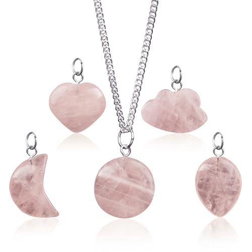 KARMAPLEDGE Crystal Necklace Birthday Gifts for Women, Chakra Healing, Protection, Balance, Rose Quartz Stones Heart, Moon, Sun, Cloud, Tear Drop Shaped Crystal Pendant Set of 5 - color: Rose Quartz Set of 5, size: Combos
