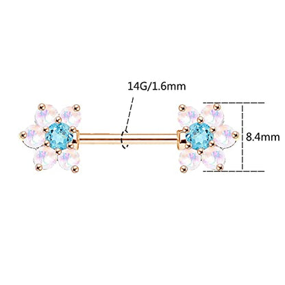 14G Opal Flower CZ Nipple Barbell Nipple Ring Piercing Jewelry for Women - color: rose gold blue