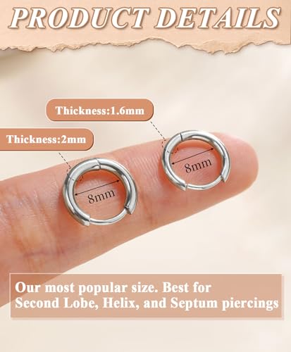 Surgical Steel Huggie Hoop Earrings & Flat Back Studs for Women Men, 6mm-14mm Small Hoops for Cartilage Helix Tragus Lobe, 1-10 Pairs Multiple Piercing Jewelry Set for Sensitive Ears - style: 1Pair,SIlver,8mm(THK:1.6mm)