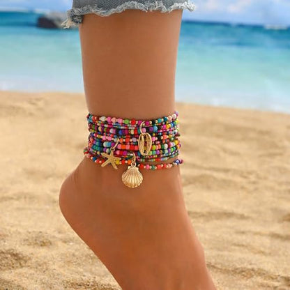 Starfish Shell Anklet Bracelets for Women, Boho Beaded Shell Anklet Set, Beach Vacation Foot Jewelry, Layered Summer Beachy Anklets - color: A3