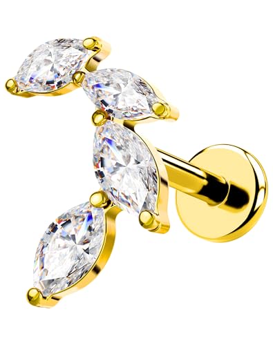 OUFER Body Piercing Titanium Helix Piercing Jewelry 16G Leaf Helix Earrings for Women Internally Thread Conch Helix Stud Flat Back Cartilage Earrings Surgical Steel Gold Cartilage Piercing Jewelry - color: clear CZ, size: 1.2*8mm