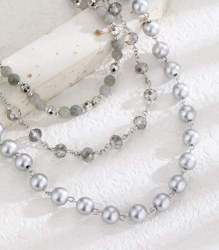 Noessla Layered Beaded Necklaces for Women - 3 Strand Boho Statement Choker Fashion Jewelry Gifts - color: Silver