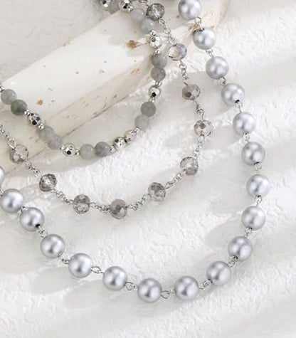 Noessla Layered Beaded Necklaces for Women - 3 Strand Boho Statement Choker Fashion Jewelry Gifts - color: Silver