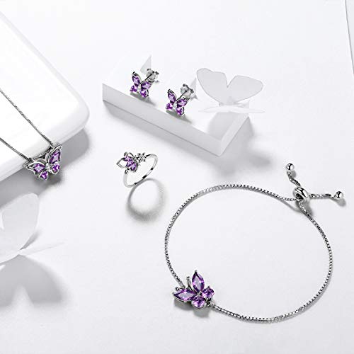 Aurora Tears Butterfly Jewelry,Women 925 Sterling Silver Butterflies Birthstone Pendant Necklace/Earrings/Rings Wedding Gift - color: B.February-set 3