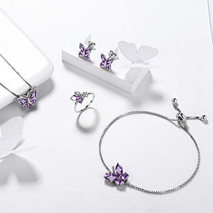 Aurora Tears Butterfly Jewelry,Women 925 Sterling Silver Butterflies Birthstone Pendant Necklace/Earrings/Rings Wedding Gift - color: B.February-set 3