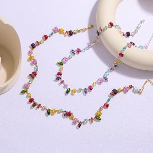 Silver Plated Rainbow Crystal Necklace, Sparkly Cubic Zirconia Rhinestone Multicolor Chain Choker Bracelet Earring Jewelry Set - style: Necklace