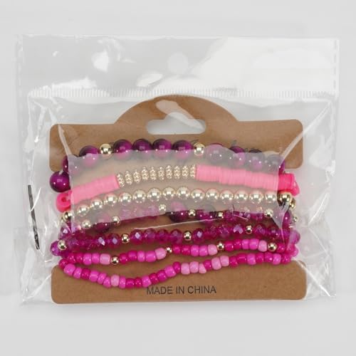 7Pcs Bohemia Multilayer Stackable Crystal Beaded Bracelet Set Multicolor Surfer Heishi Clay Gold Beaded Friendship Stretch Bracelets for Women Men Summer Beach Boho Vacation Jewelry Gifts - color: Hot pink