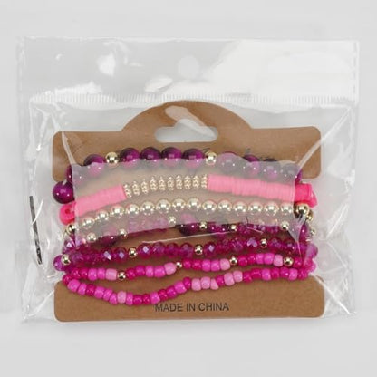 7Pcs Bohemia Multilayer Stackable Crystal Beaded Bracelet Set Multicolor Surfer Heishi Clay Gold Beaded Friendship Stretch Bracelets for Women Men Summer Beach Boho Vacation Jewelry Gifts - color: Hot pink