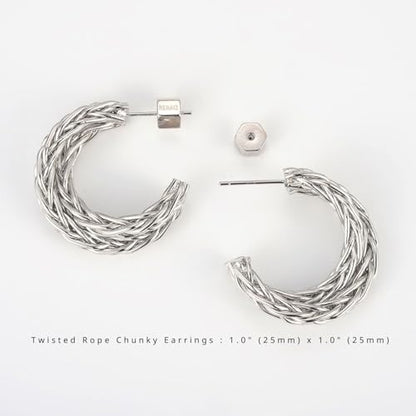 RENAIZ Bold Statement Hoop & Stud Earrings for Women – 14K Gold & Rhodium Plated Maximalist Jewelry, Chunky Geometric Boho Earrings, Hypoallergenic Non-Tarnish Trendy Gift - color: White Gold, style: Twisted Rope Chunky