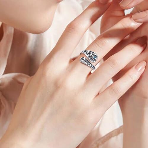 FLYOW Sterling Silver Sunflower Spoon Ring Victorian Style Boho Antique Flower Adjustable Open Ring Retro Statement Cubic Zirconial/Turquoise/Oxidized Thumb Rings for Women Birthday Christmas Jewelry - style: Turquoise Oxidized-7