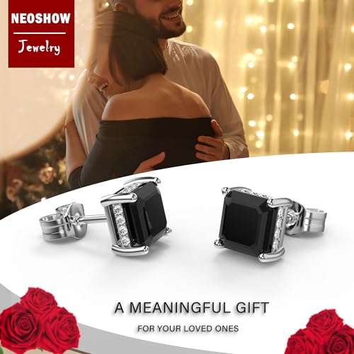 Asscher Cut Cubic Zirconia Stud Earrings for Men Women | Square CZ Simulated Diamond Studs, 18K White Gold Plated Sterling Silver - color: Black, size: 6MM