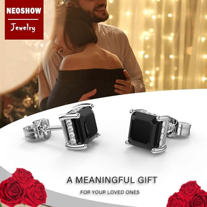 Asscher Cut Cubic Zirconia Stud Earrings for Men Women | Square CZ Simulated Diamond Studs, 18K White Gold Plated Sterling Silver - color: Black, size: 6MM