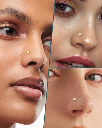 3PCS Titanium Flower Nose Rings Studs 20G, 6.5mm L-Shaped Nose Piercing Jewelry Set - Hypoallergenic Surgical Steel Heart L Bend Nostril Stud for Women Men - color: 3PCS-Gold