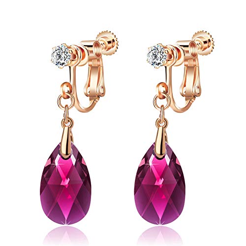 EVEVIC Austrian Crystal Teardrop Clip On Drop Earrings for Women | Adjustable Screw-Back Fit, 14K Rose Gold-Plated, Soft Silicone Pads Included, Comfortable For Pierced Or Non-Pierced Ears - color: Fuchsia