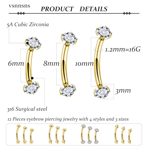 Rook Daith Piercing Jewelry 16G Stainless Surgical Steel Curved Barbell Eyebrow Rings Vertical Labret Lip Piercing Jewelry Rook Daith Earrings for Women Men 6MM 8MM 10MM Hypoallergenic - color: Gold-6MM 8MM 10MM