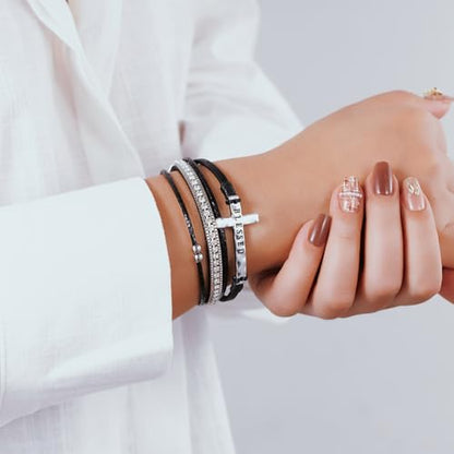 Boho Leather Wrap Bracelets Beaded Stackable Cuff Bracelet Country Concert Outfits Cowboy Cowgirl Western Jewelry Gifts for Women - color: Cross-Black