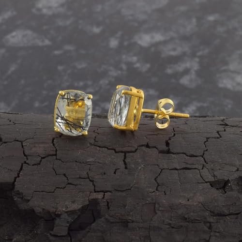 Women's 18K Gold Plated 8x10mm Princess Cut Gemstone Stud Earrings – Birthstone Jewelry for Her – Classic Cushion Studs - color: Black Rutile