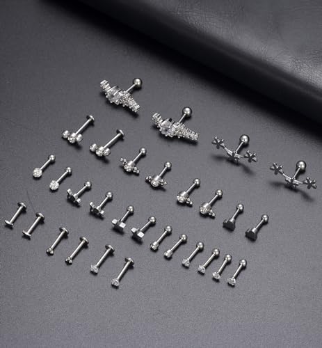 Tornito 9-30Pcs Cartilage CZ Stud Earrings Conch Forward Helix Tragus Daith Piercing Lip Rings Snake Heart Butterfly Jewelry for Women Men 16G Silver Gold Tone - color: B1:30Pcs, Silver Tone