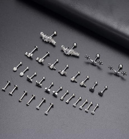 Tornito 9-30Pcs Cartilage CZ Stud Earrings Conch Forward Helix Tragus Daith Piercing Lip Rings Snake Heart Butterfly Jewelry for Women Men 16G Silver Gold Tone - color: B1:30Pcs, Silver Tone
