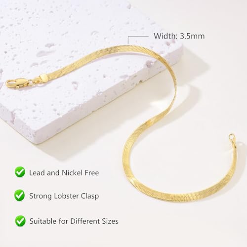 14K Gold Anklets for Women 3.5mm Snake Anklet Bracelets for Womens | 14K Gold Ankle Bracelets for Women Glow with Soft Understated Sheen Herringbone Anklet for Womens 9/10/11 inches - size: 9